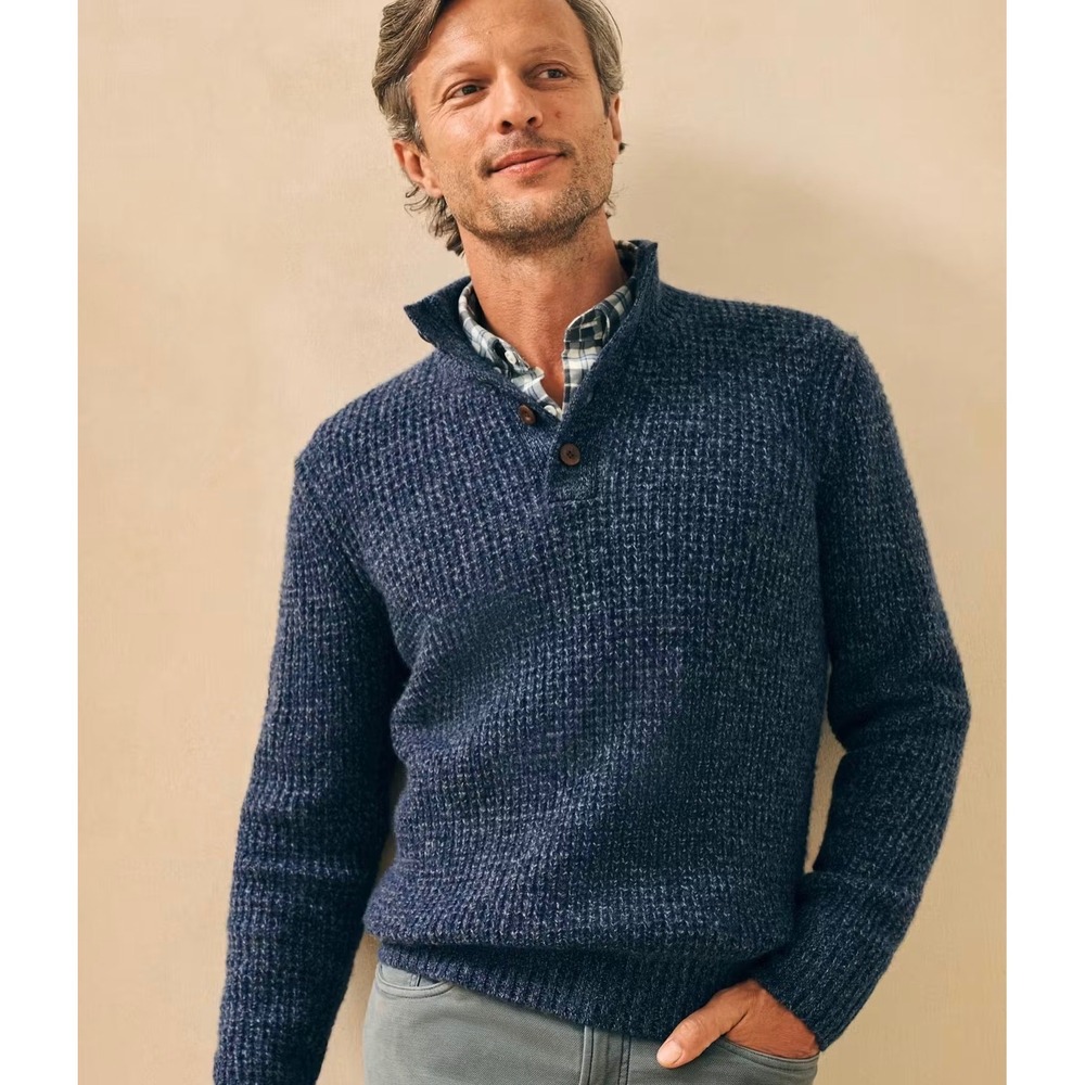 Faherty Brand Mens Wool Cashmere Blue Marled Mock Neck Button Sweater Size M